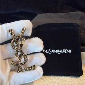 Vintage Gold Tone Textured YSL Brooch 2.40”